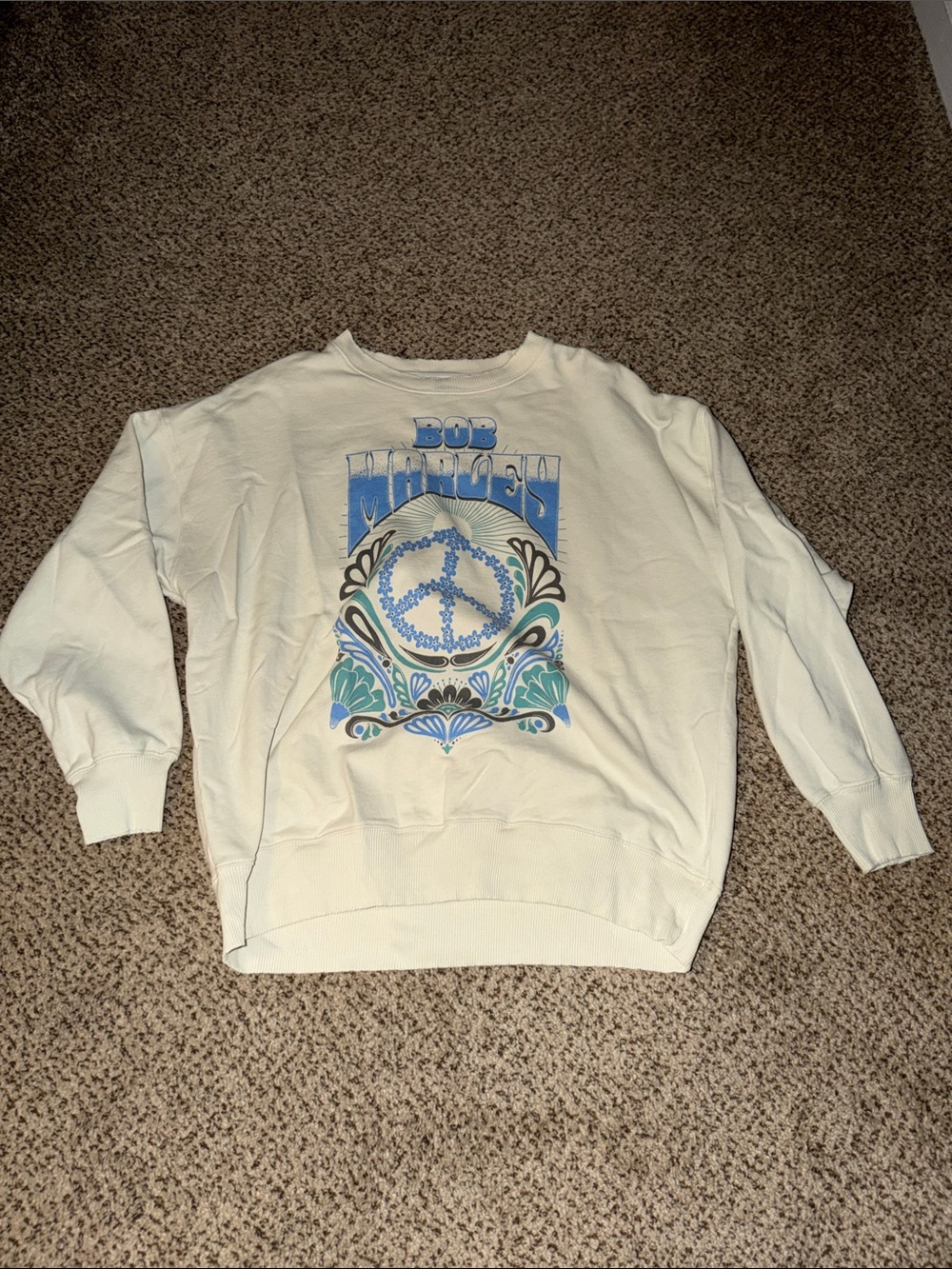 American Eagle Outfitters Cream Crewneck Sweatshirt with Blue Peace Graphic